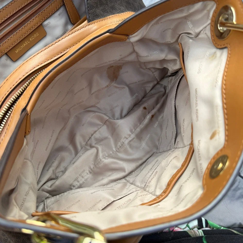 Michael Kors Brown Signature MK PVC Shoulder Tote Bag Acorn Leather Trim Large